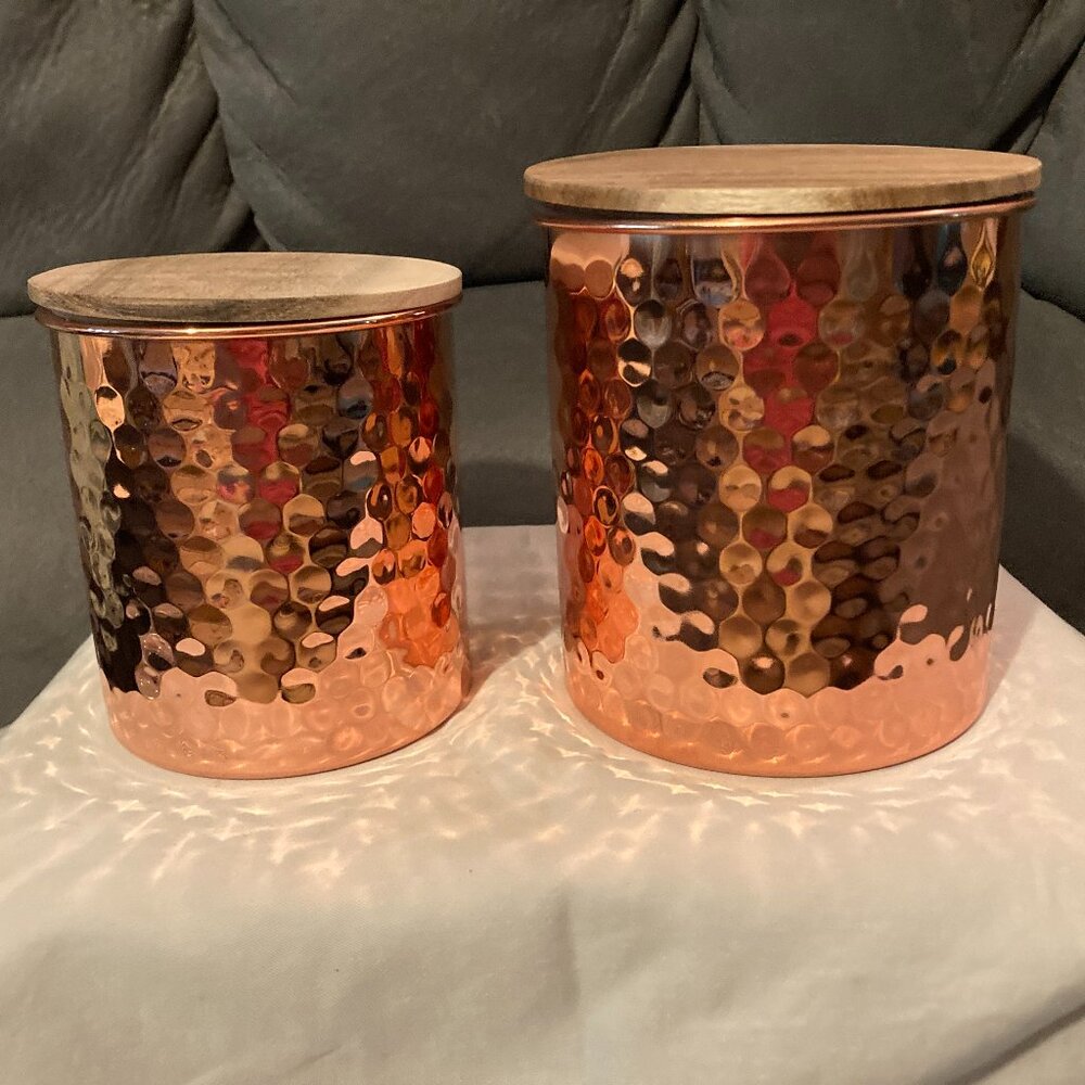 Uncommon James Hammered Copper Canisters-Two Piece Storage w/Wood Lids-N w/o Box